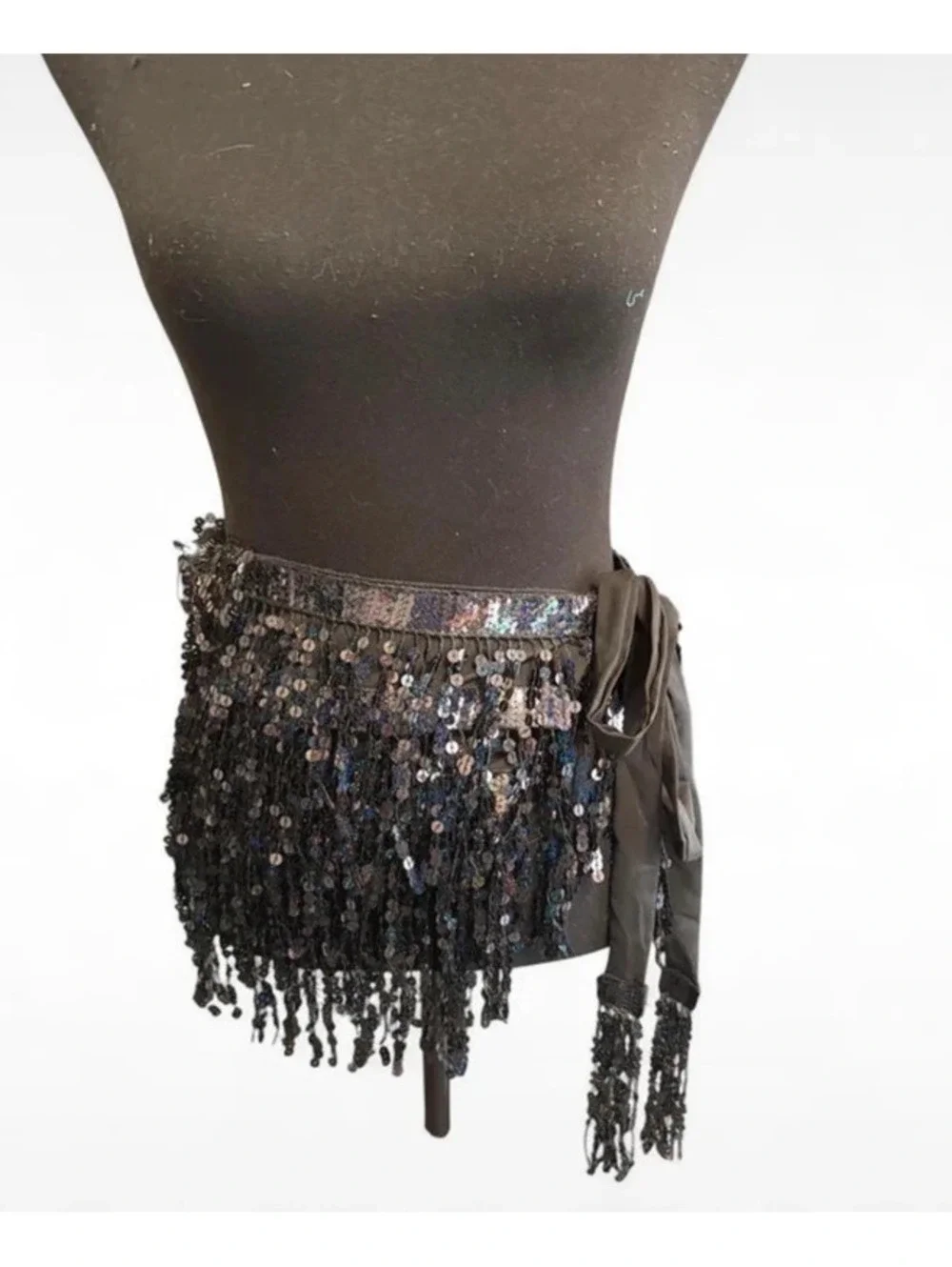 Sequin Fringe Black Waist Belt Y2K